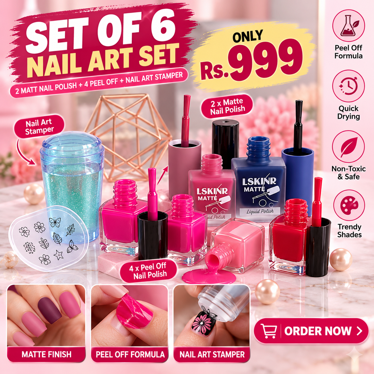 6 Item Nail Deal  (2 Matte Nail Paints + 4 Peel Off Nail Paints + Nail Art Stamper)