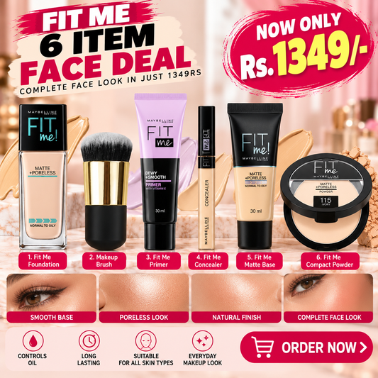 6 Items Fit Me Deal - Glass & tube found, concelor, Facepowder, Matt primer & Kaboki brush