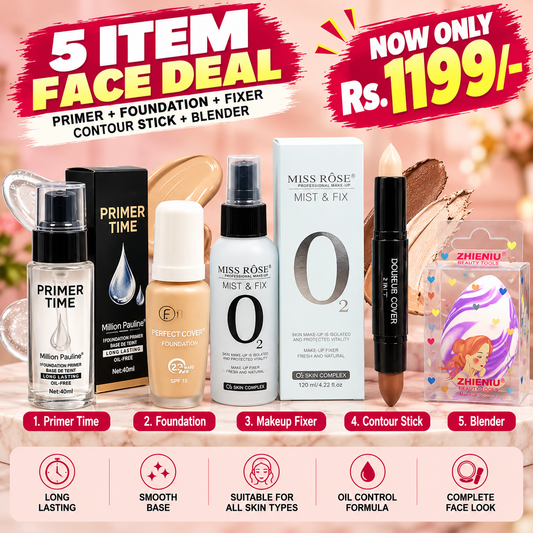 5 ITEM DEAL – Fixer, Primer, Foundation, Contour Stick & Blender