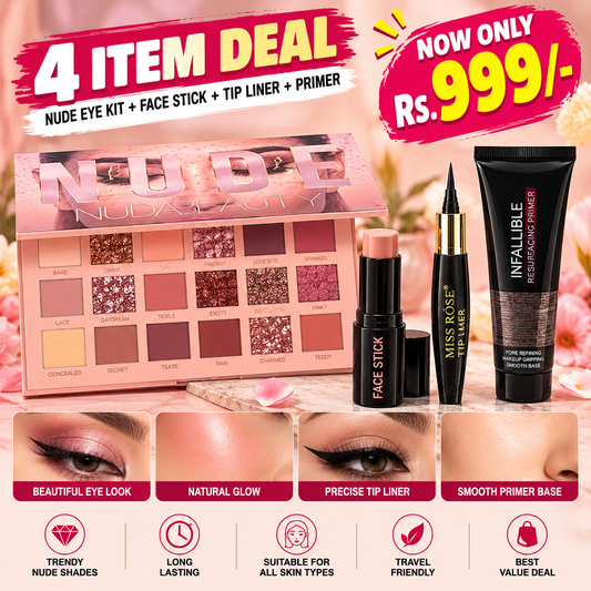 4-in-1 Makeup Deal ( Huda Nude Eyeshadow Palette, Face Stick, Primer, and Tip Liner )