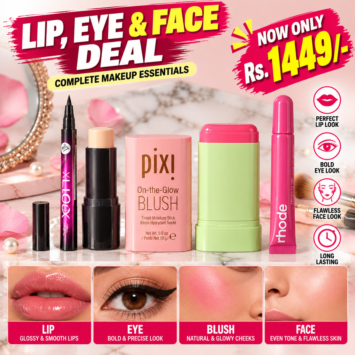 Premium-inspired makeup deal (Pixi Blush stick + Rhode peptide + Face stick + 36Hr liner)
