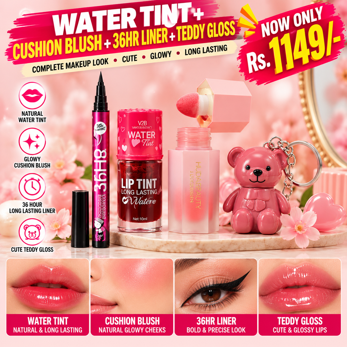 Budget-friendly makeup deal (Water tint + Cushion Blush + 36 Hr liner + Teddy gloss)