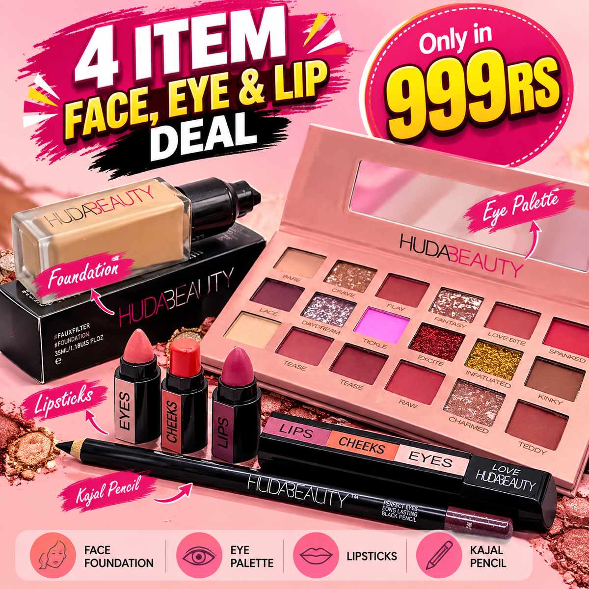 Huda Beauty 4-in-1 - Nude kit, Glass found, 3 In 1 Stick & lip pencil