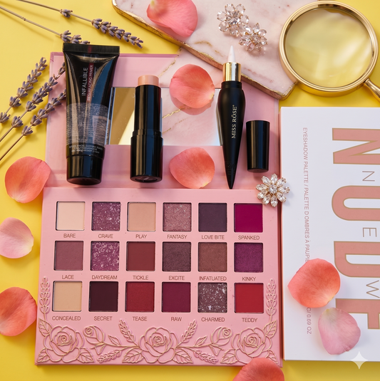 4-in-1 Makeup Deal ( Huda Nude Eyeshadow Palette, Face Stick, Primer, and Tip Liner )