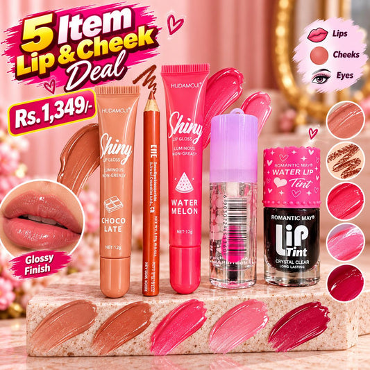 5 Item Lip & Cheek Deal – 2 Shiny Glosses + Lip Oil + Tint + Lip Pencil