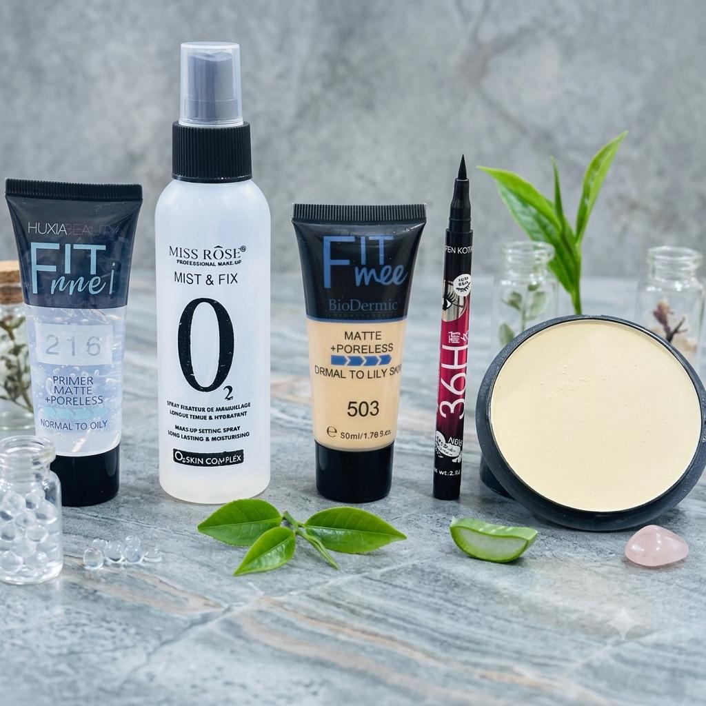 Complete beauty combo (Fit Me Tube Foundation, Primer, Fixer, Pancake, and 36Hr Liner)