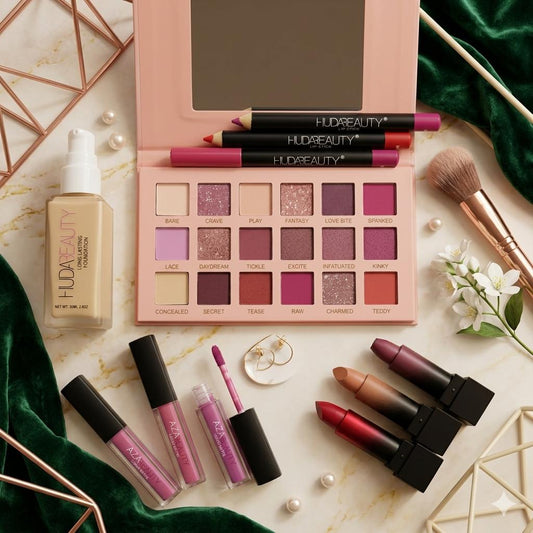 Huda Deal – Nude Eye Kit + 3 Jumbo Lip Pencils + 3 Bullet Lipsticks + 3 Mini Glosses + Glass Foundation)
