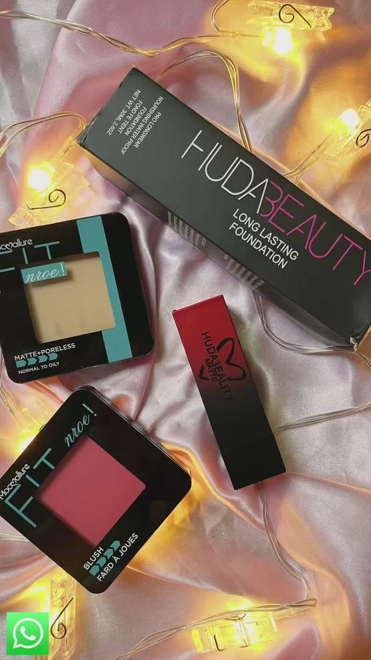 Makeup Deal – Huda Beauty Glass Foundation + Lipstick + Fit Me Face Powder & Blusher